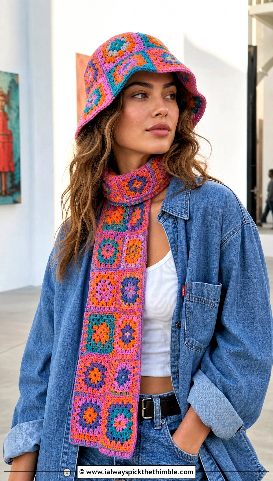 Granny Square Crochet Bucket Hat And Skinny Scarf With Denim - 25 crochet hat and scarf set outfit ideas