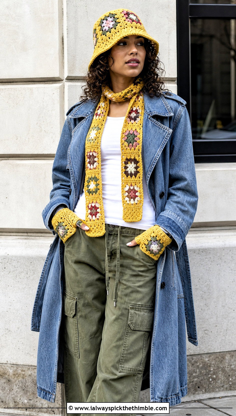 Granny Square Crochet Bucket Hat Scarf And Fingerless Gloves With Cargo Pants - 20 crochet hat scarf gloves set outfit ideas