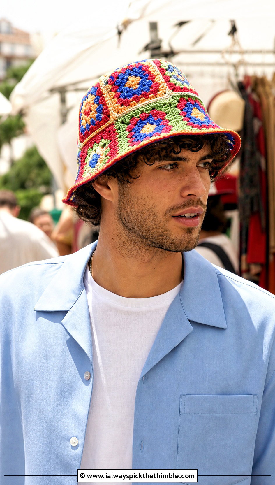 Granny Square Crochet Bucket Hat With Camp Collar Shirt And Jeans - 20 men crochet hat outfit ideas