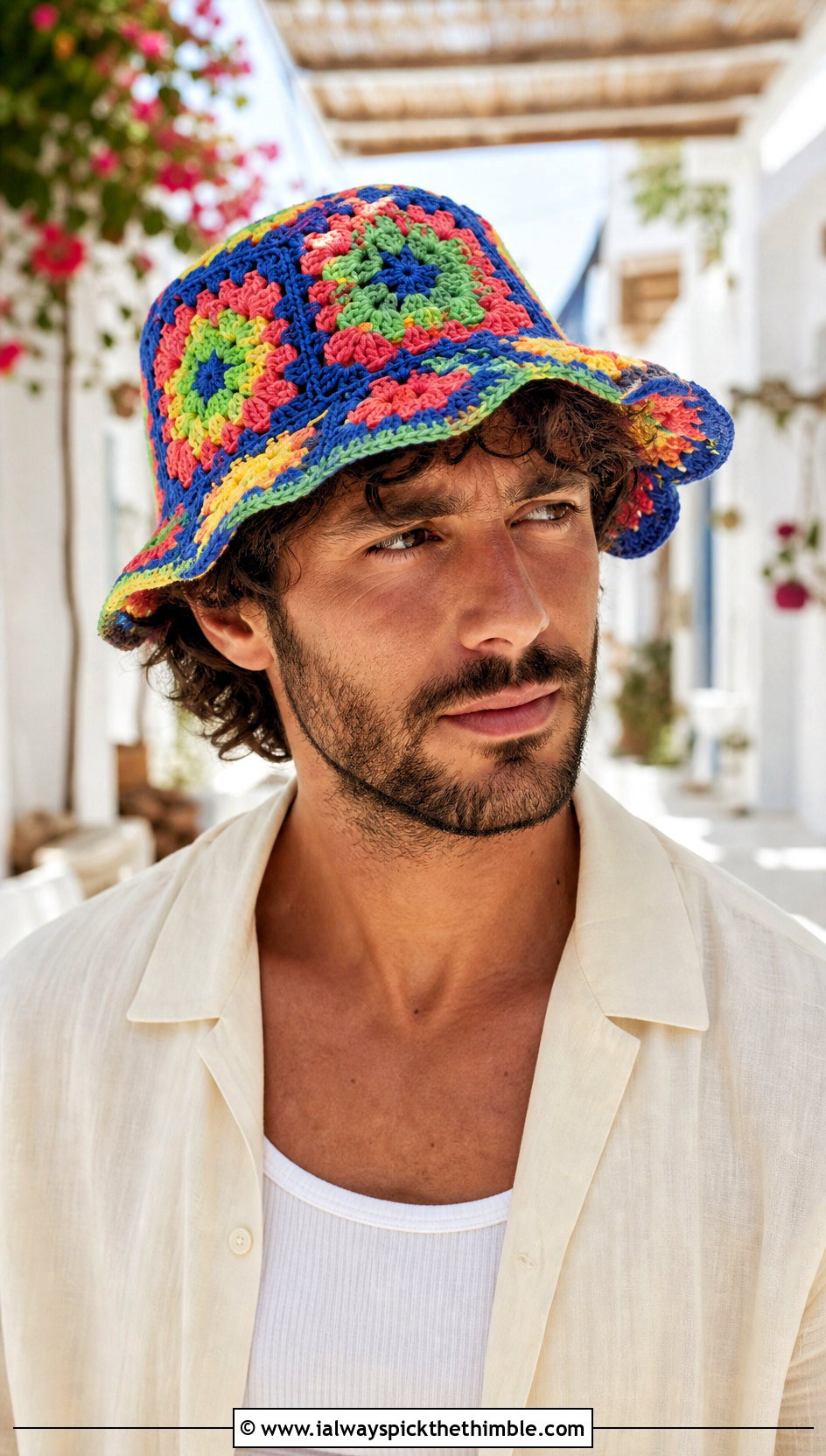 Granny Square Crochet Bucket Hat With Camp Shirt - 25 crochet hats for men outfit ideas