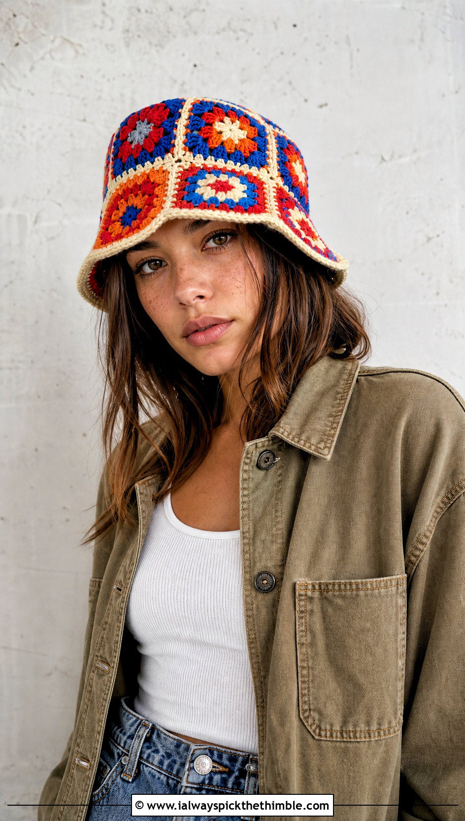 Granny Square Crochet Bucket Hat With Chore Jacket - 25 cute crochet hat outfit ideas