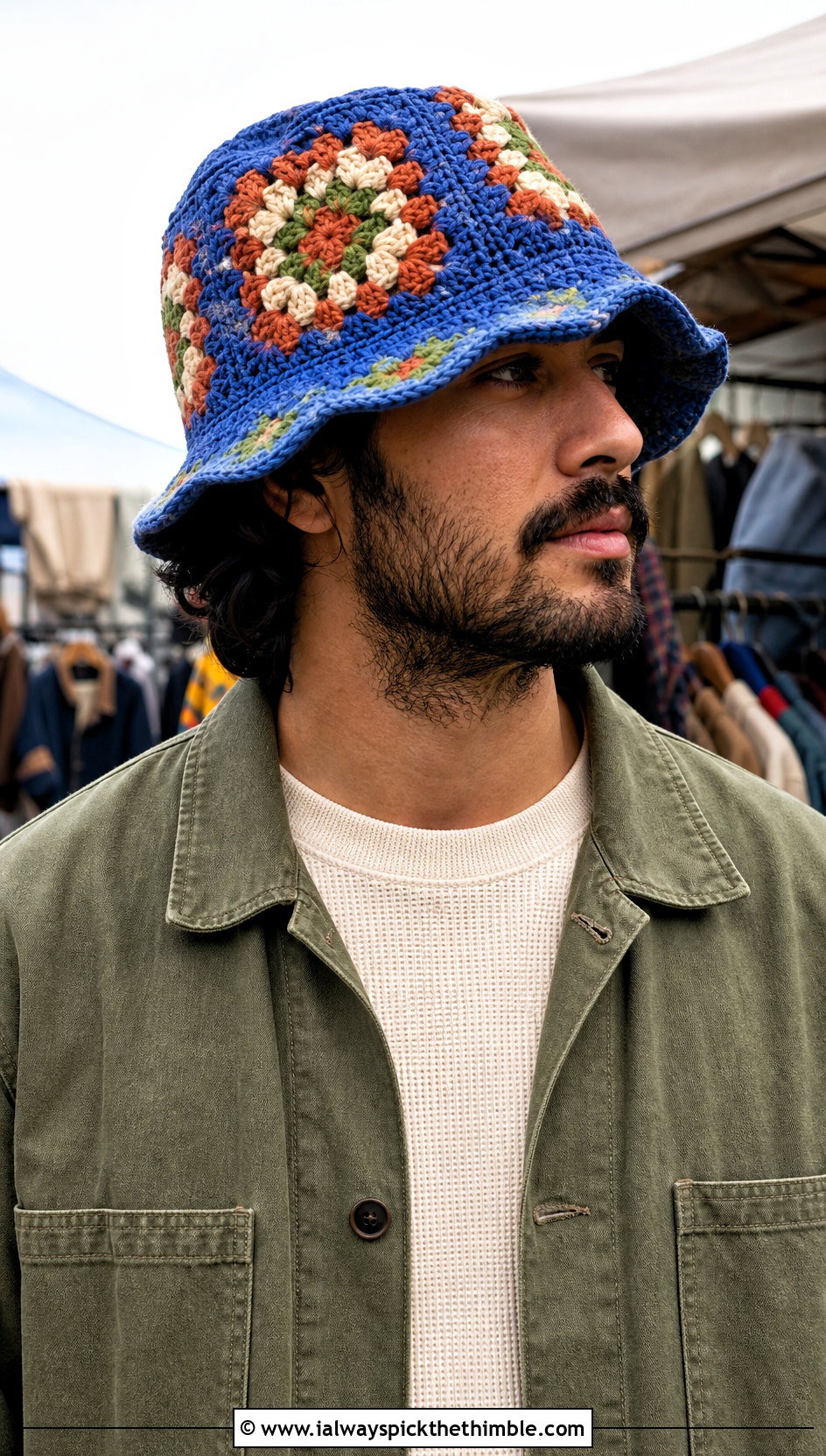 Granny Square Crochet Bucket Hat With Chore Jacket And Boots - 15 mens crochet bucket hat outfit ideas