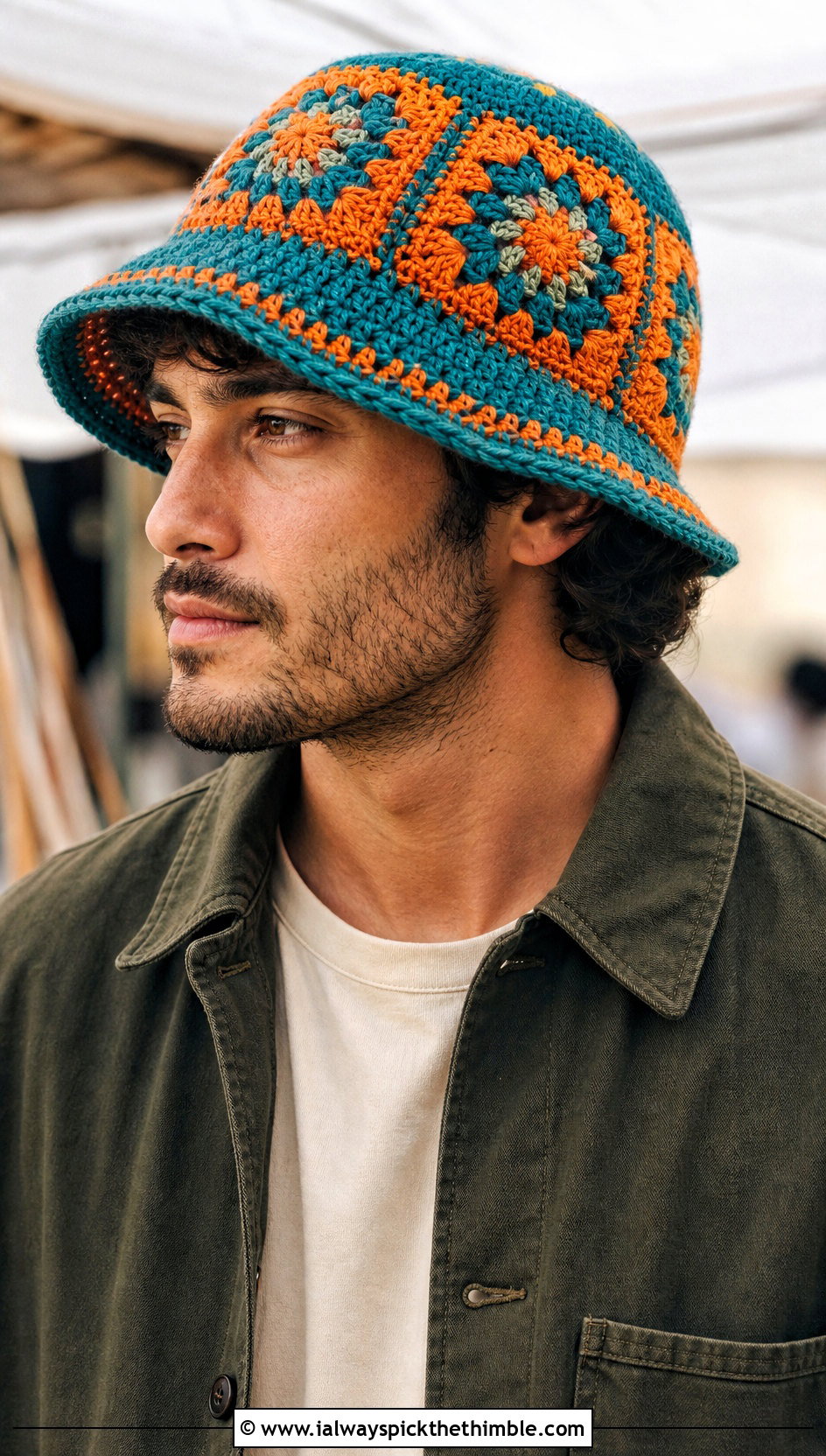 Granny Square Crochet Bucket Hat With Chore Jacket - 15 Unique Crochet Men Hat outfit ideas