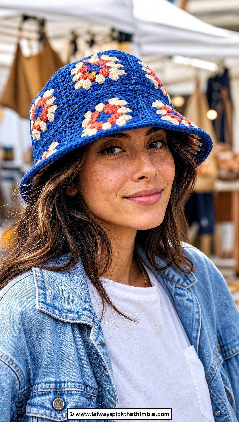Granny Square Crochet Bucket Hat With Denim Jacket - 15 Country Cottage Crochet Hat outfit ideas