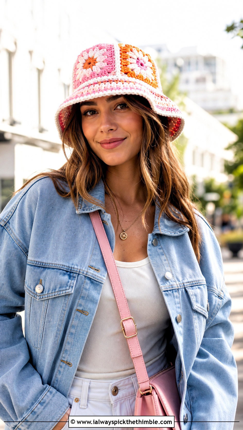 Granny Square Crochet Bucket Hat With Denim Jacket - 25 crochet bucket hats outfit ideas