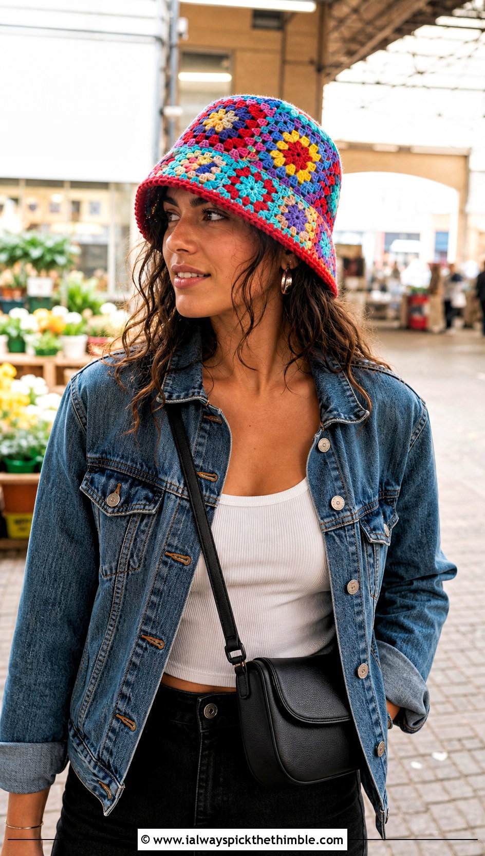 Granny Square Crochet Bucket Hat With Denim Jacket - 25 crochet hat for women outfit ideas