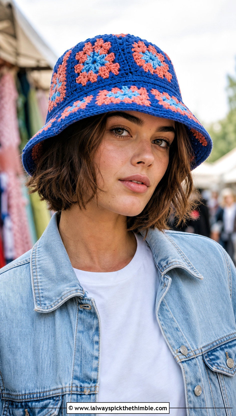 Granny Square Crochet Bucket Hat With Denim Jacket - 25 Crochet Hats For Women outfit ideas