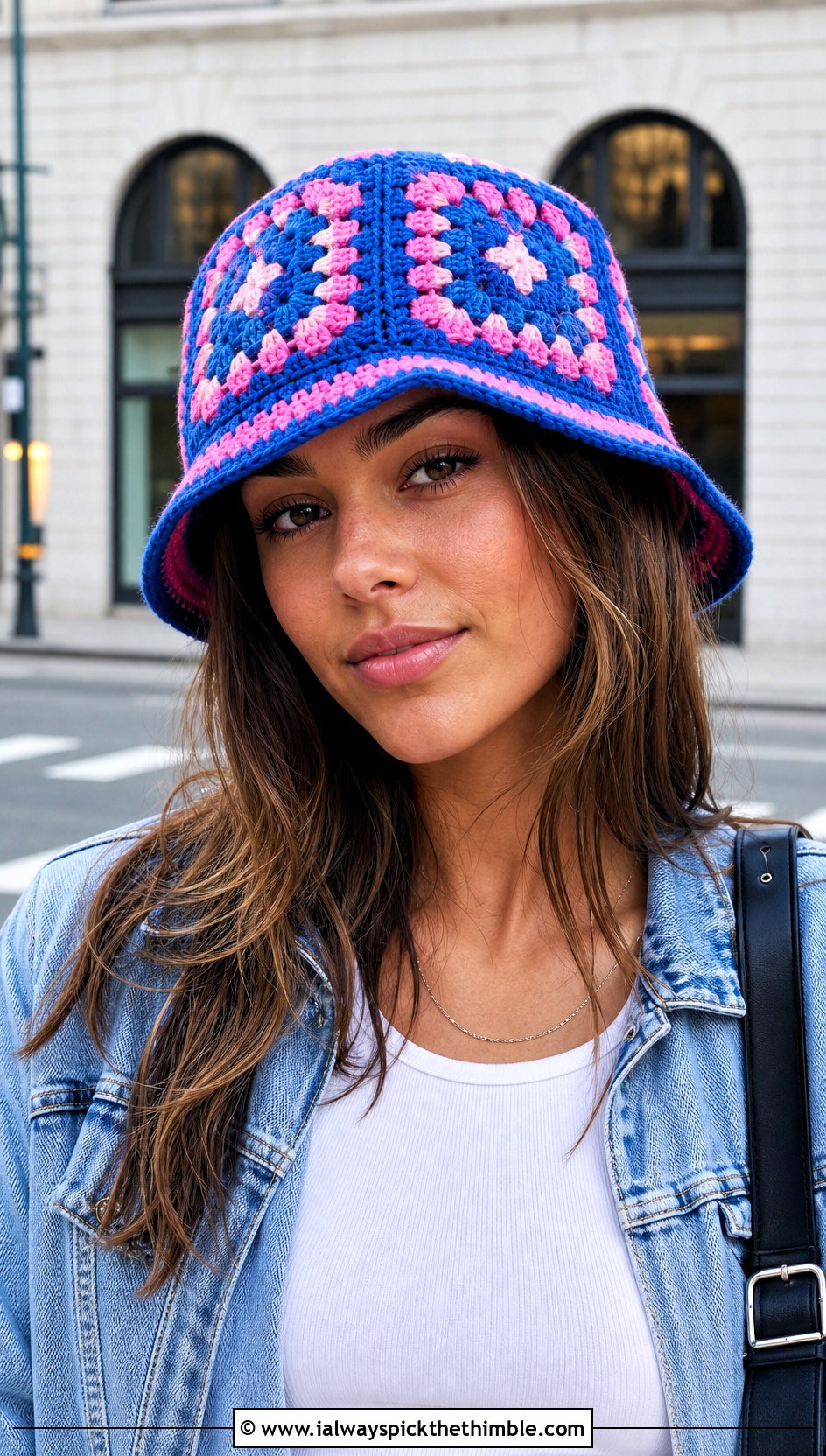 Granny Square Crochet Bucket Hat With Denim Jacket - 15 Fun Crochet Hats For Adults outfit ideas