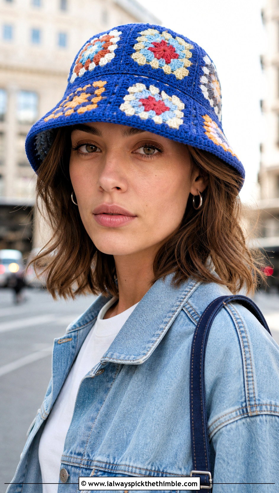 Granny Square Crochet Bucket Hat With Denim Jacket - 20 Best Crochet Hat outfit ideas