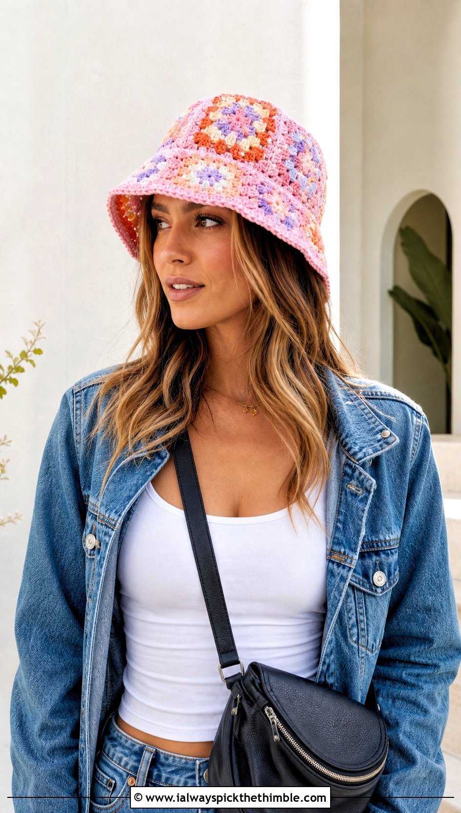 Granny Square Crochet Bucket Hat With Denim Jacket - 20 crochet adult bucket hat outfit ideas