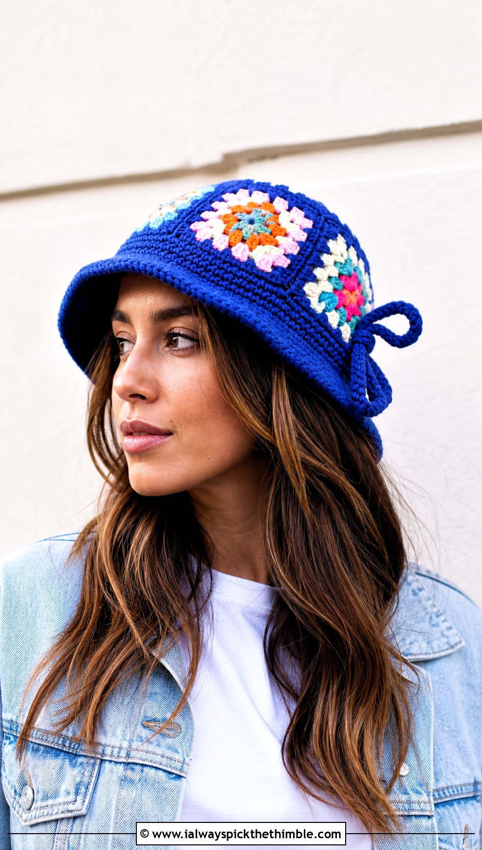 Granny Square Crochet Bucket Hat With Denim Jacket - 20 Crochet Bow Hat outfit ideas