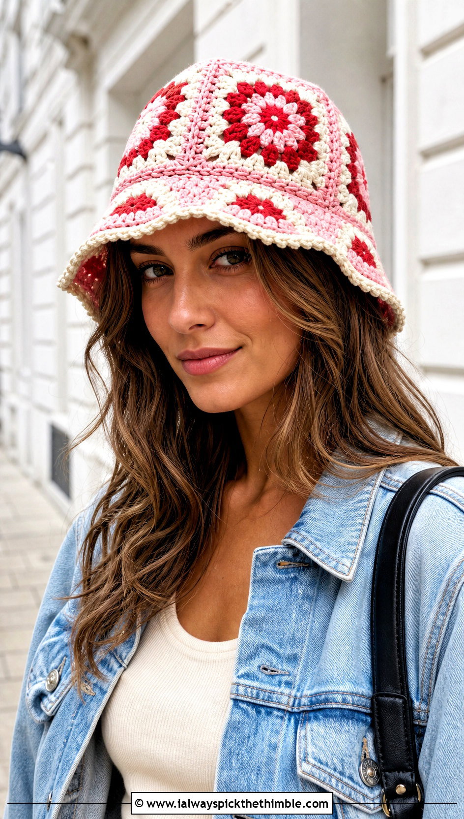 Granny Square Crochet Bucket Hat With Denim Jacket - 20 Easy Crochet Bucket Hats outfit ideas