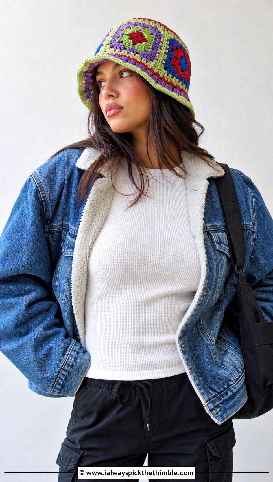 Granny Square Crochet Bucket Hat With Denim Jacket - 20 winter crochet hats outfit ideas