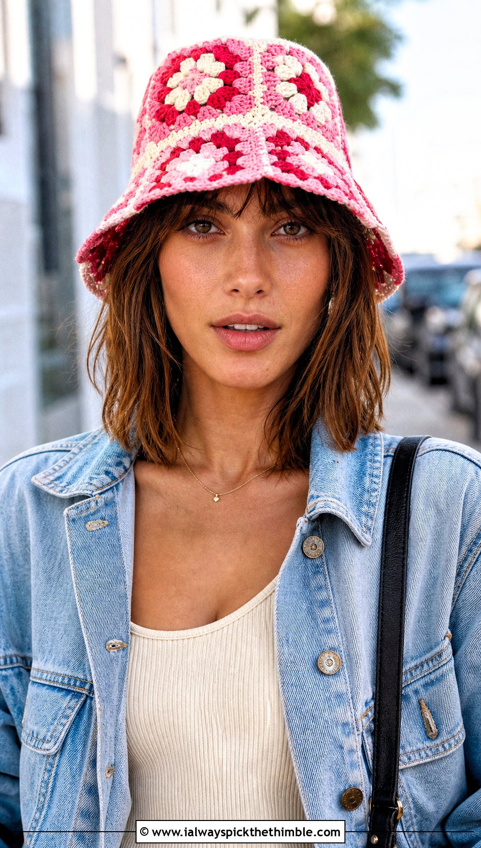 Granny Square Crochet Bucket Hat With Denim Jacket - 25 crochet bucket hat outfit ideas