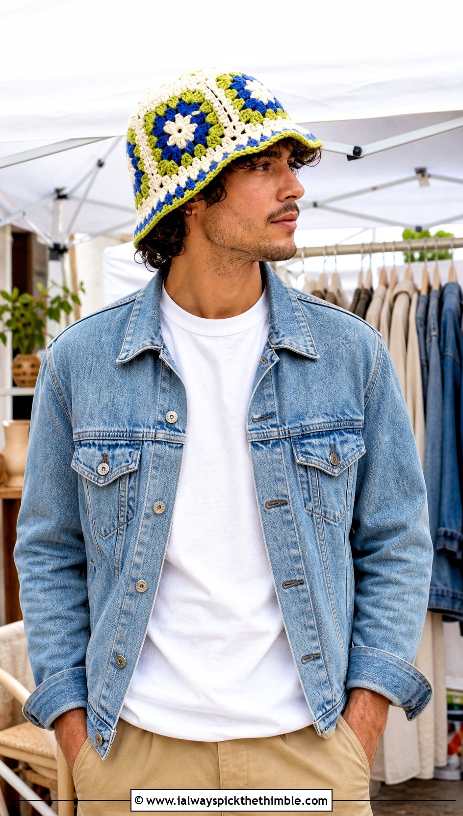 Granny Square Crochet Bucket Hat With Denim Jacket And Chinos - 25 men crochet bucket hat outfit ideas