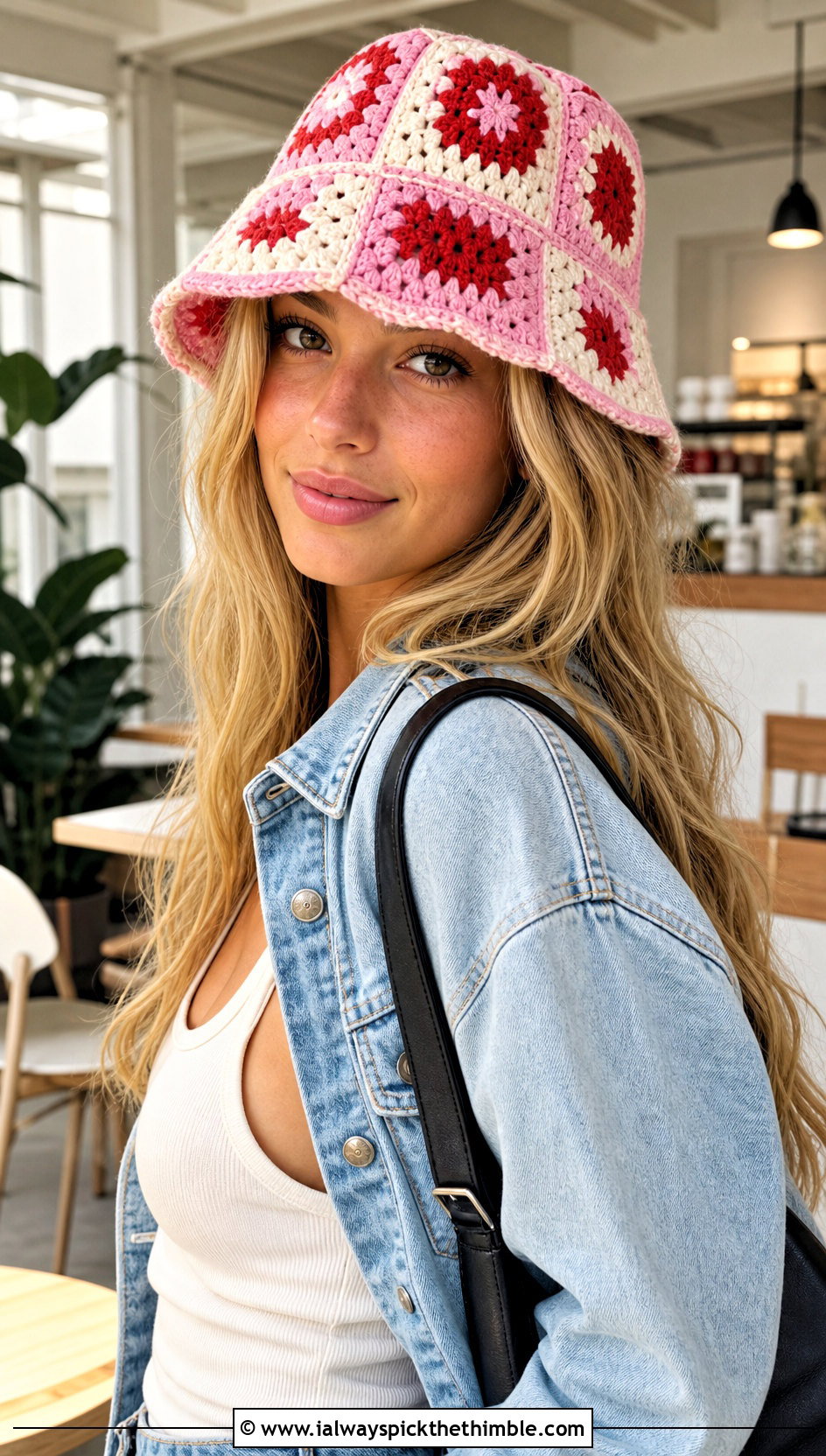 Granny Square Crochet Bucket Hat With Denim Jacket And Wide Leg Pants - 20 Crochet Cute Bucket Hat outfit ideas