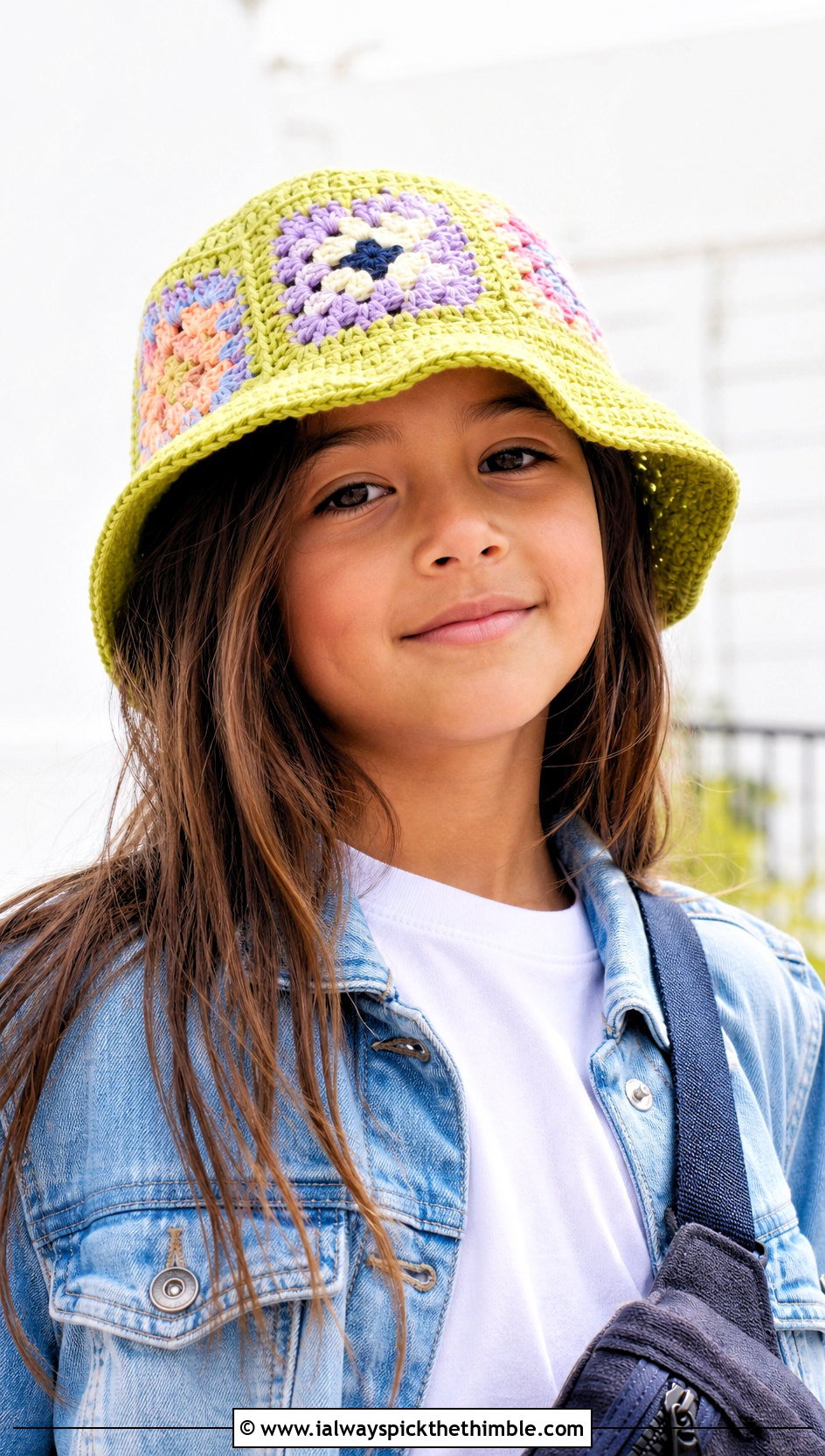 Granny Square Crochet Bucket Hat With Denim Jacket - 15 Childs Crochet Hat outfit ideas