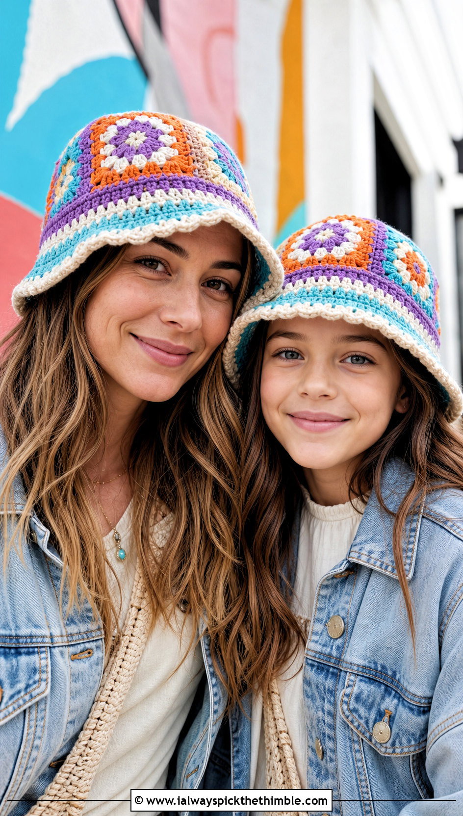 Granny Square Crochet Bucket Hat With Denim Jackets - 20 Mommy And Me Crochet Hats outfit ideas