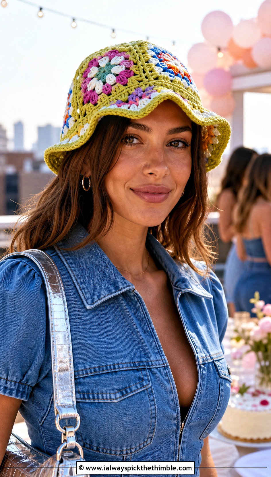 Granny Square Crochet Bucket Hat With Denim Mini Dress - 20 party crochet hat outfit ideas