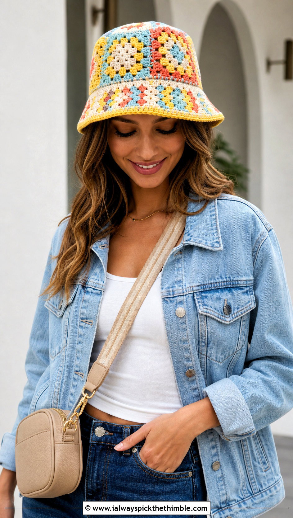 Granny Square Crochet Bucket Hat With Denim Outfit - 15 Crochet Hats All Sizes outfit ideas