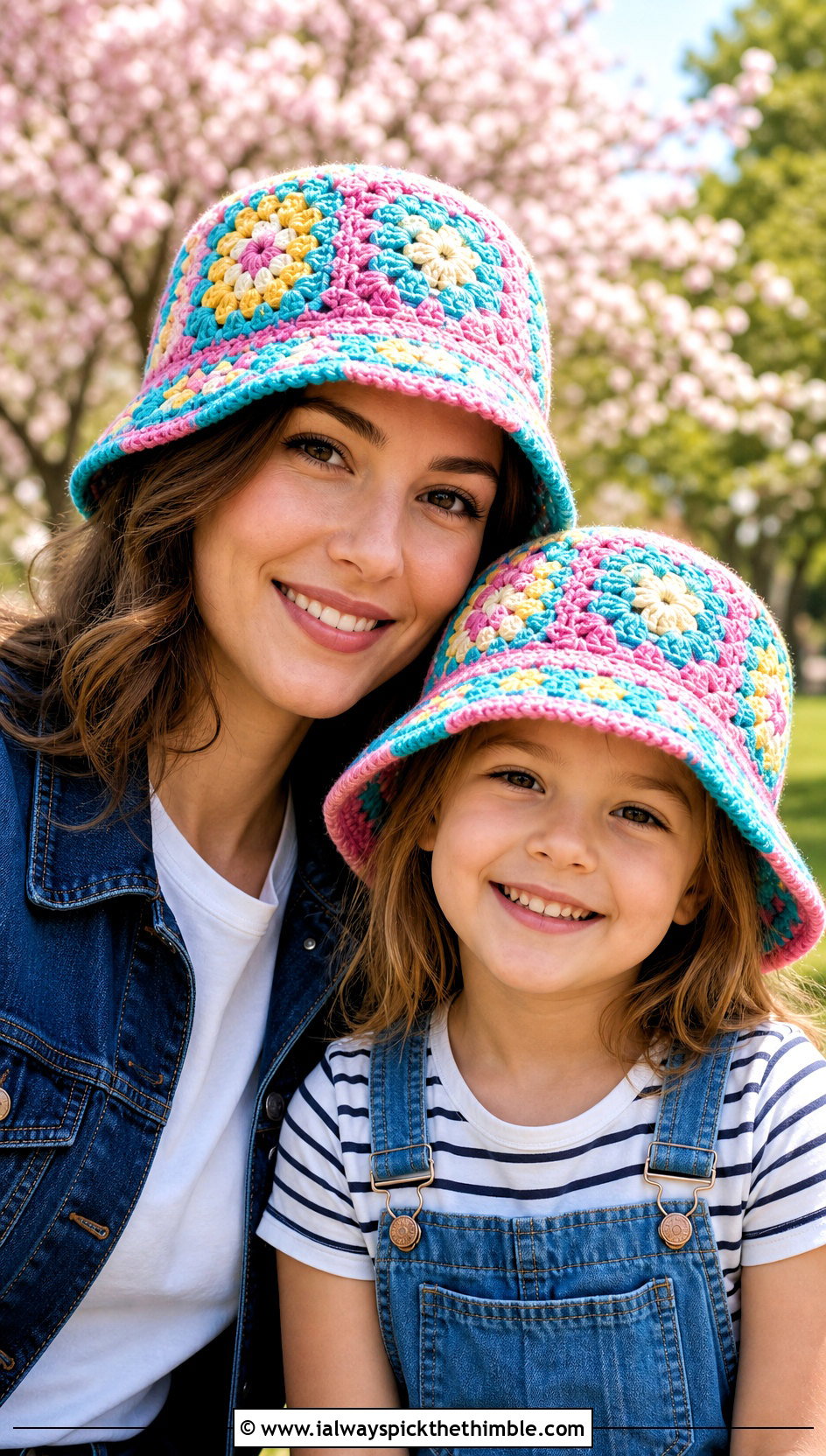Granny Square Crochet Bucket Hat With Denim Outfits - 20 crochet mommy and me hats outfit ideas