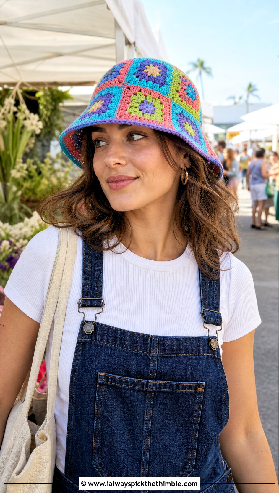 Granny Square Crochet Bucket Hat With Denim Overalls - 25 fun crochet hats outfit ideas