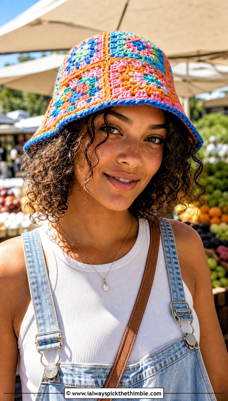 Granny Square Crochet Bucket Hat With Denim Overalls - 25 summer crochet hat outfit ideas