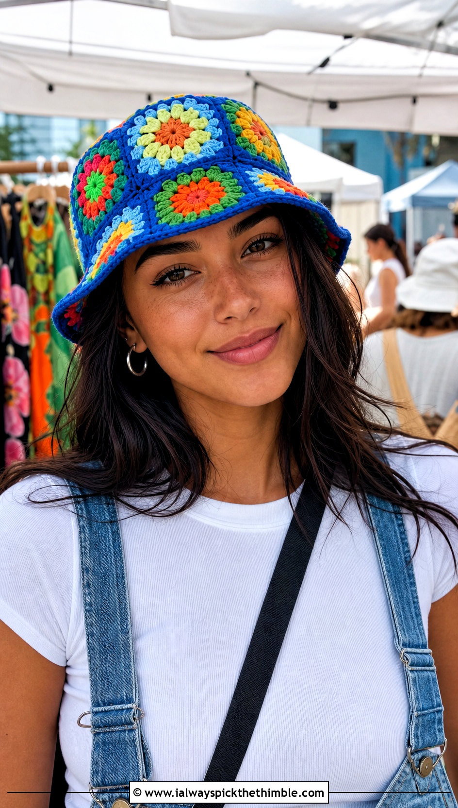 Granny Square Crochet Bucket Hat With Denim Overalls - 15 Crochet Women's Hats outfit ideas