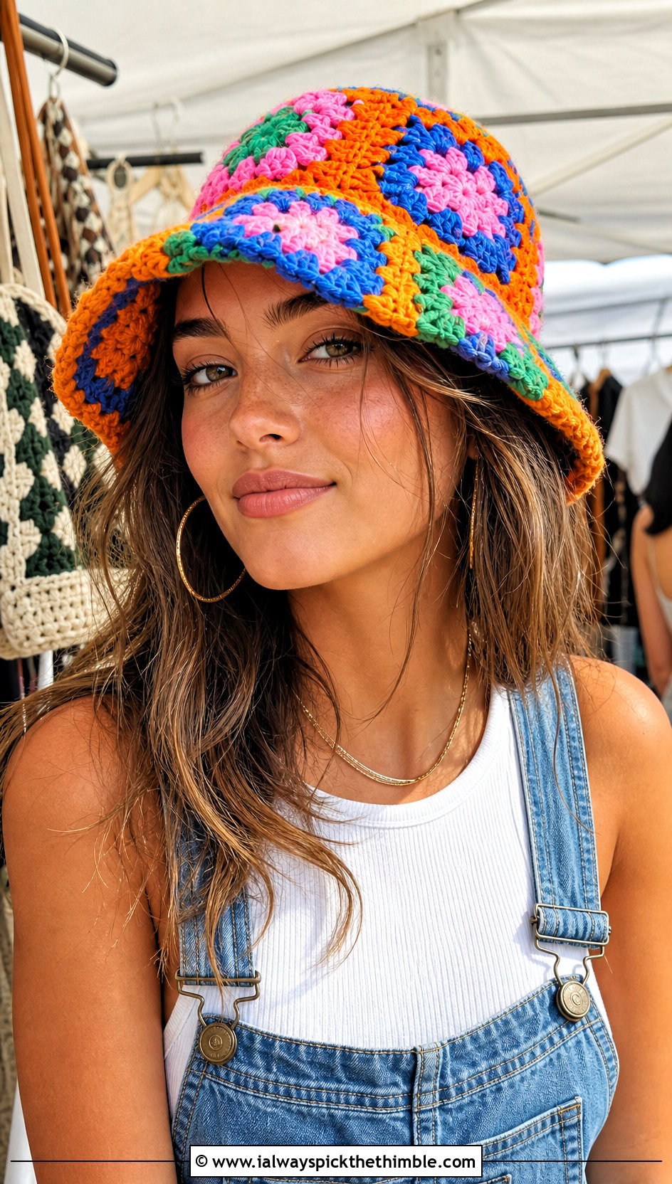 Granny Square Crochet Bucket Hat With Denim Overalls - 15 Ladies Crochet Summer Hats outfit ideas