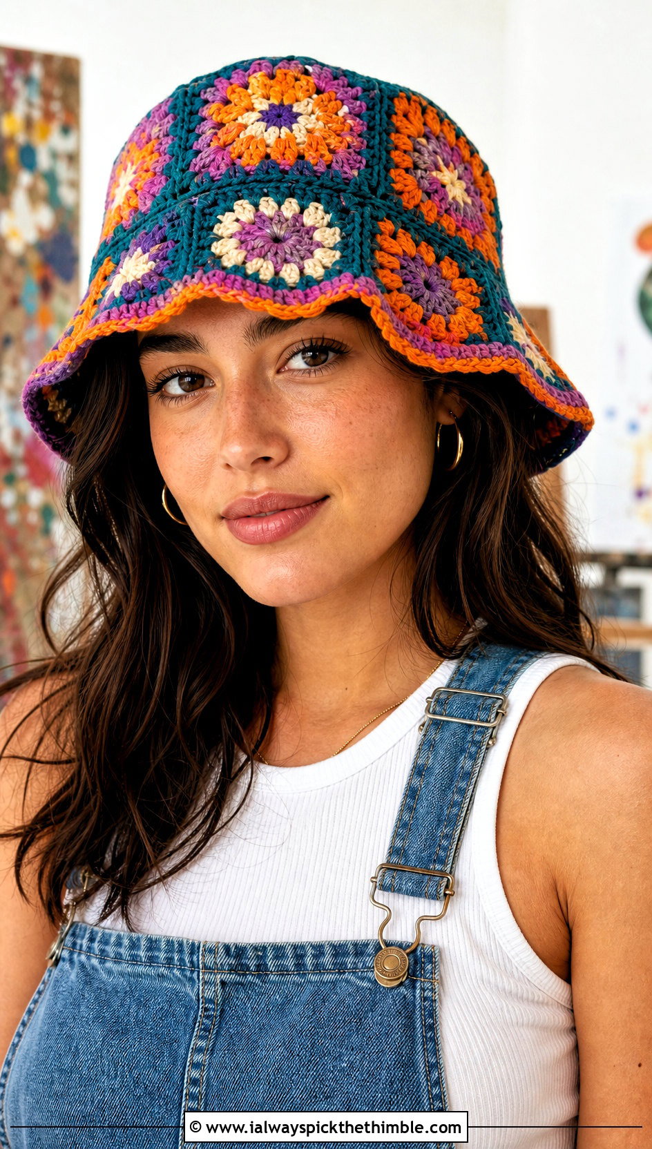 Granny Square Crochet Bucket Hat With Denim Overalls - 15 Tiktok Crochet Hat outfit ideas