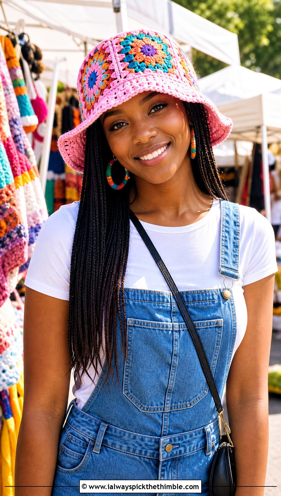 Granny Square Crochet Bucket Hat With Denim Overalls - 20 crochet hats black women outfit ideas