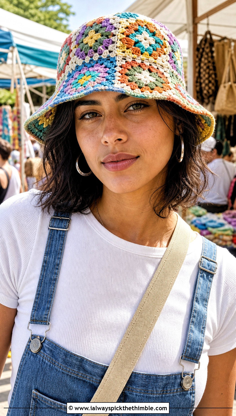 Granny Square Crochet Bucket Hat With Denim Overalls - 20 easy crocheted hats outfit ideas