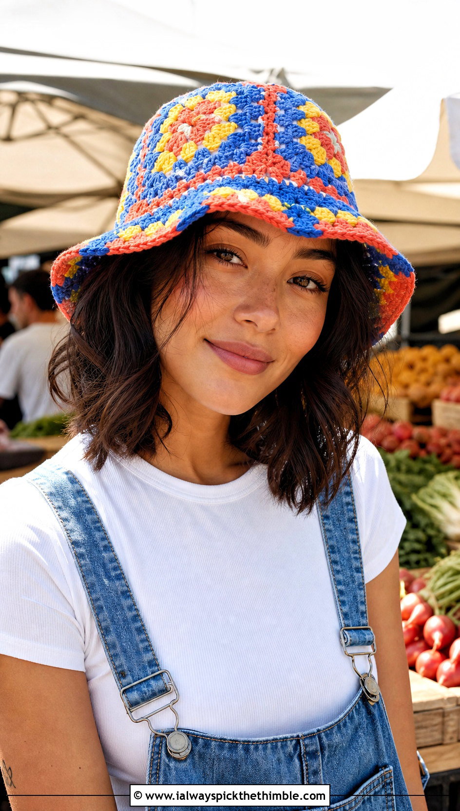 Granny Square Crochet Bucket Hat With Denim Overalls - 20 Fun Crochet Hat outfit ideas