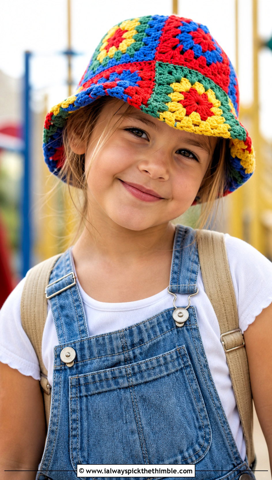 Granny Square Crochet Bucket Hat With Denim Overalls - 25 childrens crochet hats outfit ideas