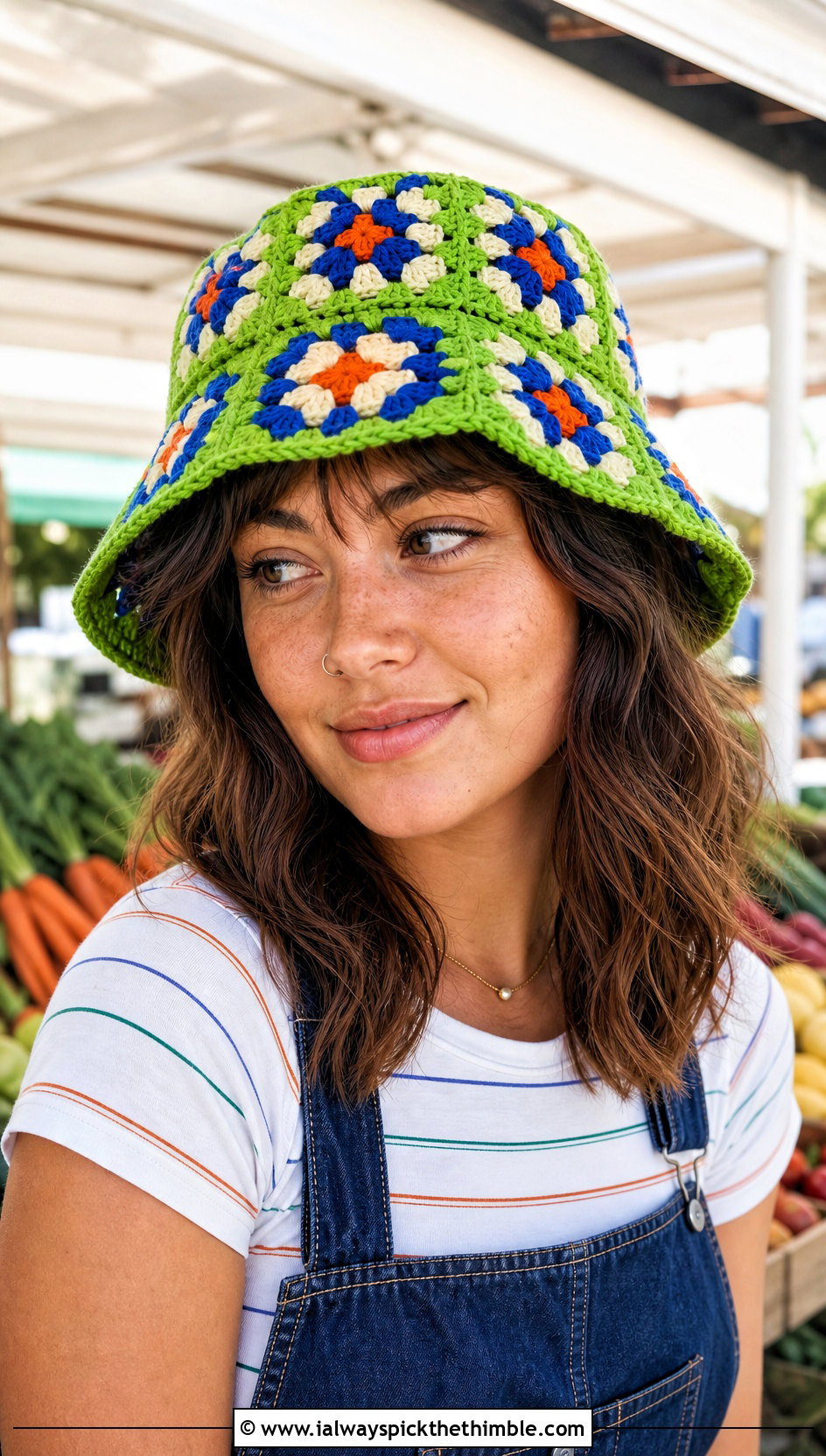 Granny Square Crochet Bucket Hat With Denim Overalls - 15 Crochet Beanie Bucket Hat outfit ideas