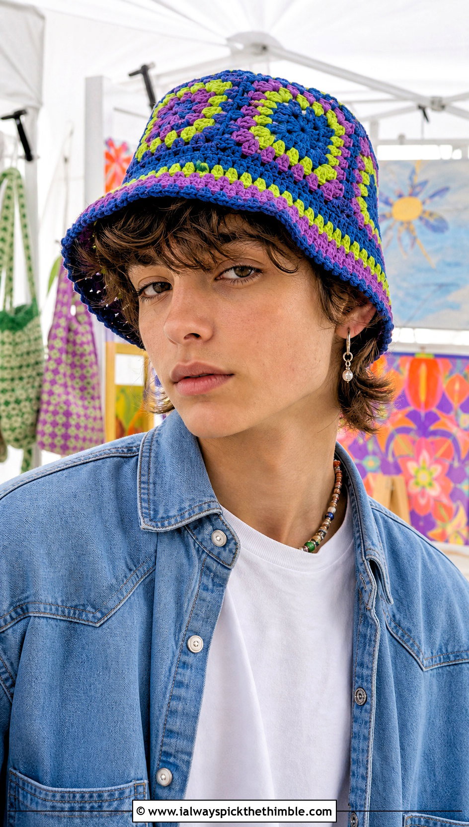 Granny Square Crochet Bucket Hat With Denim Set - 20 Unisex Crochet Hat outfit ideas