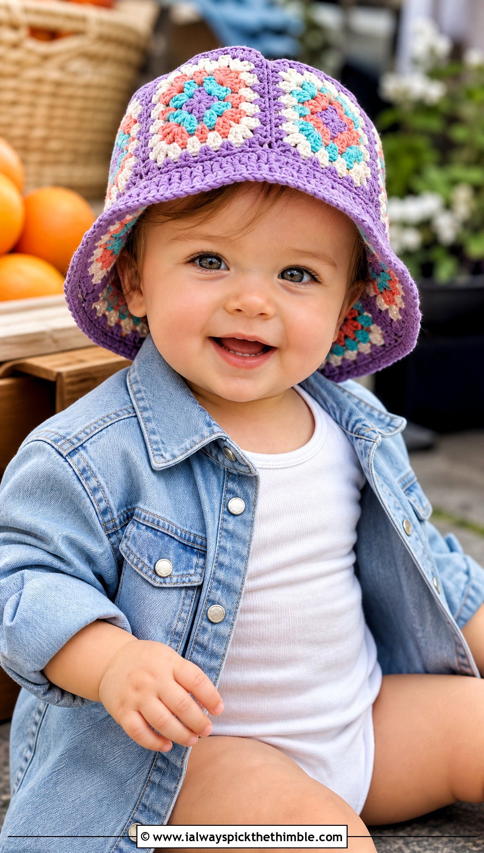 Granny Square Crochet Bucket Hat With Denim Set - 15 12 Month Crochet Hat outfit ideas