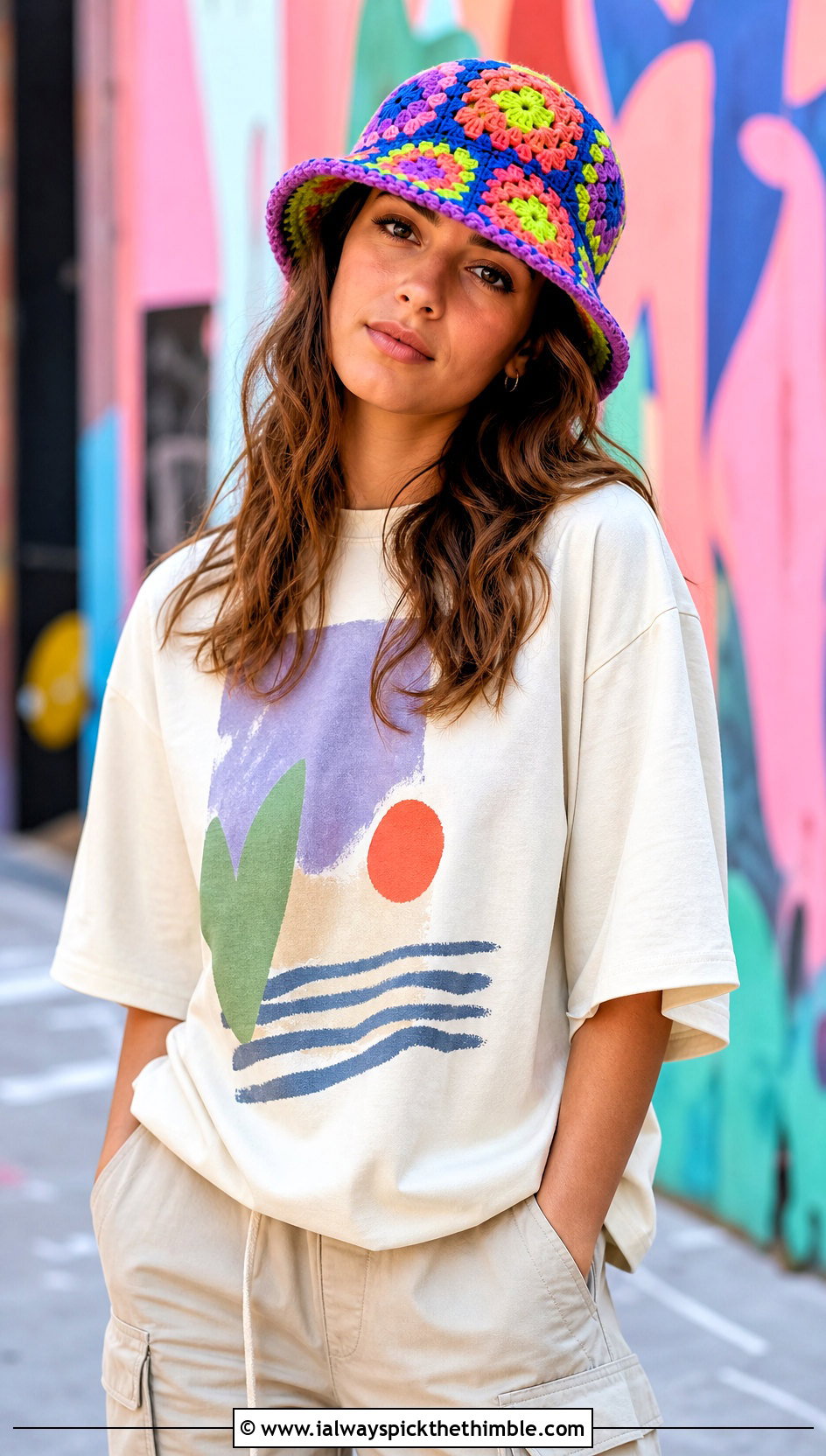 Granny Square Crochet Bucket Hat With Graphic Tee And Cargo Pants - 25 quick crochet hat outfit ideas