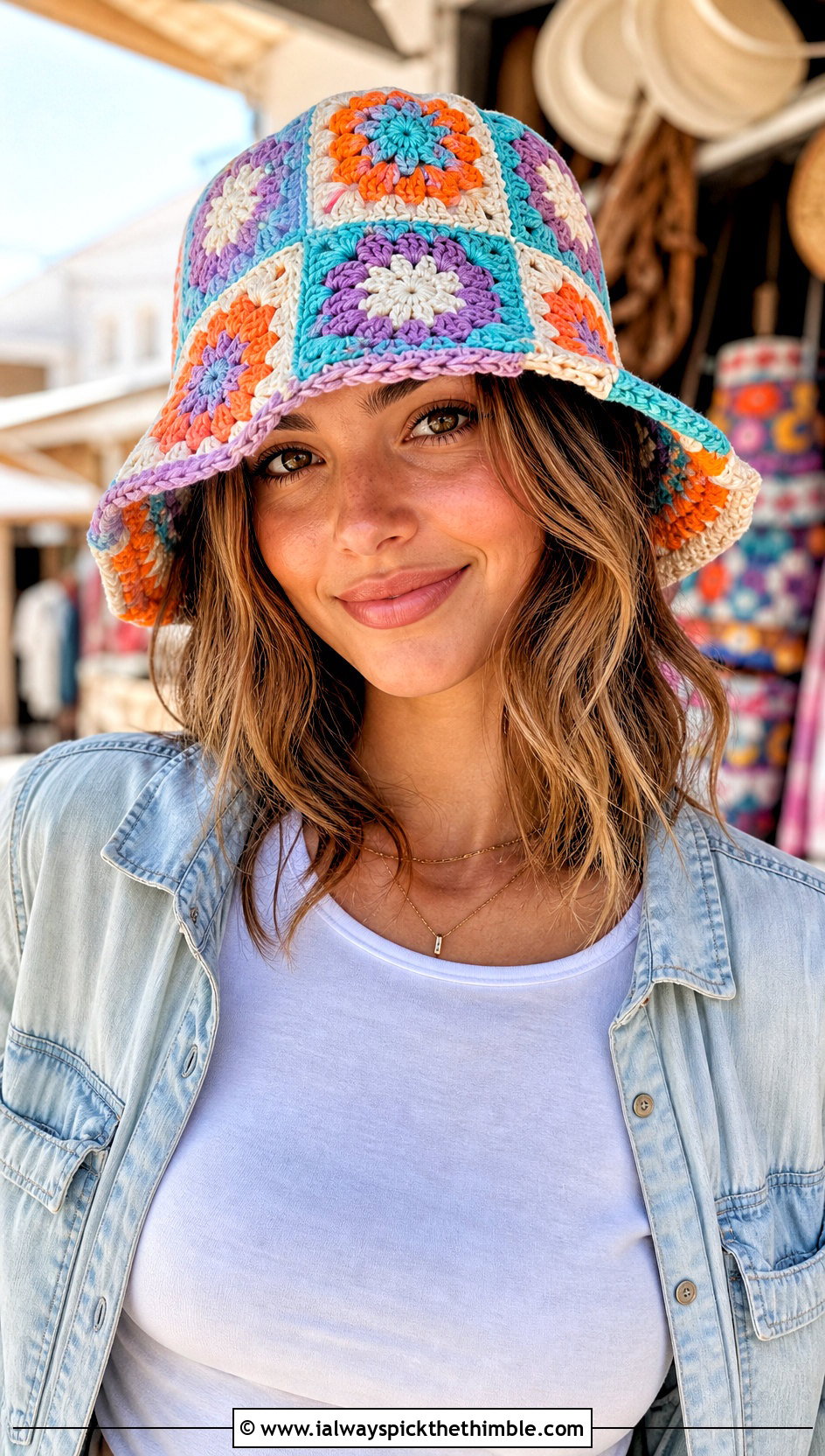 Granny Square Crochet Bucket Hat With Jeans - 25 crochet hats outfit ideas