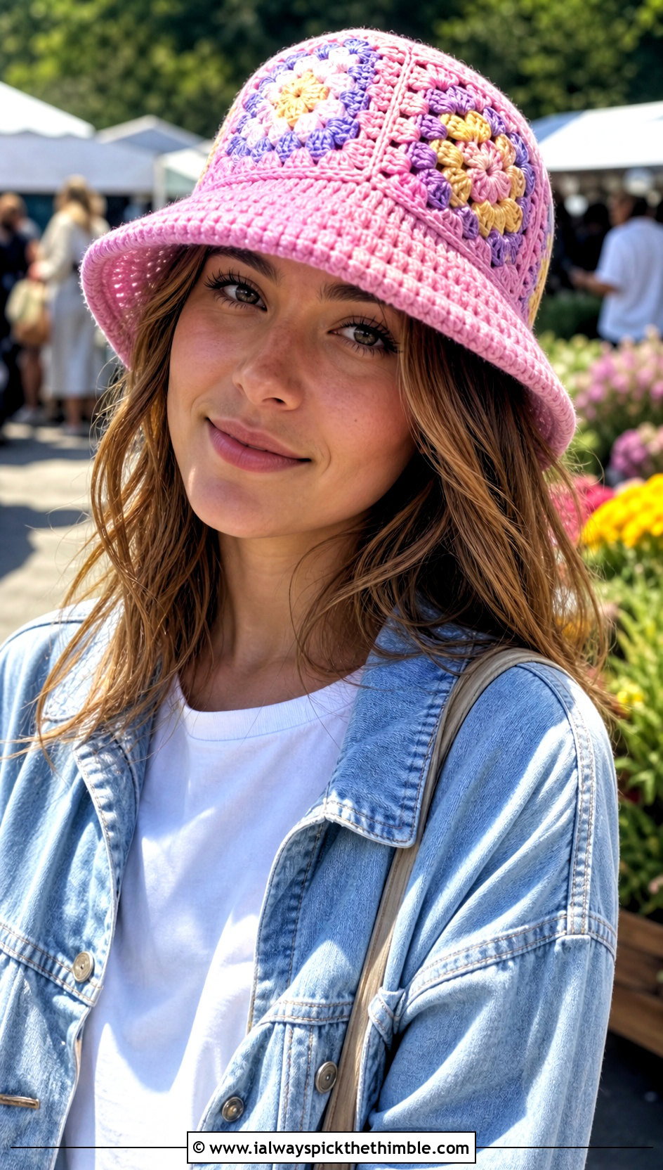 Granny Square Crochet Bucket Hat With Jeans - 15 Easy Crochet Hats For Women outfit ideas