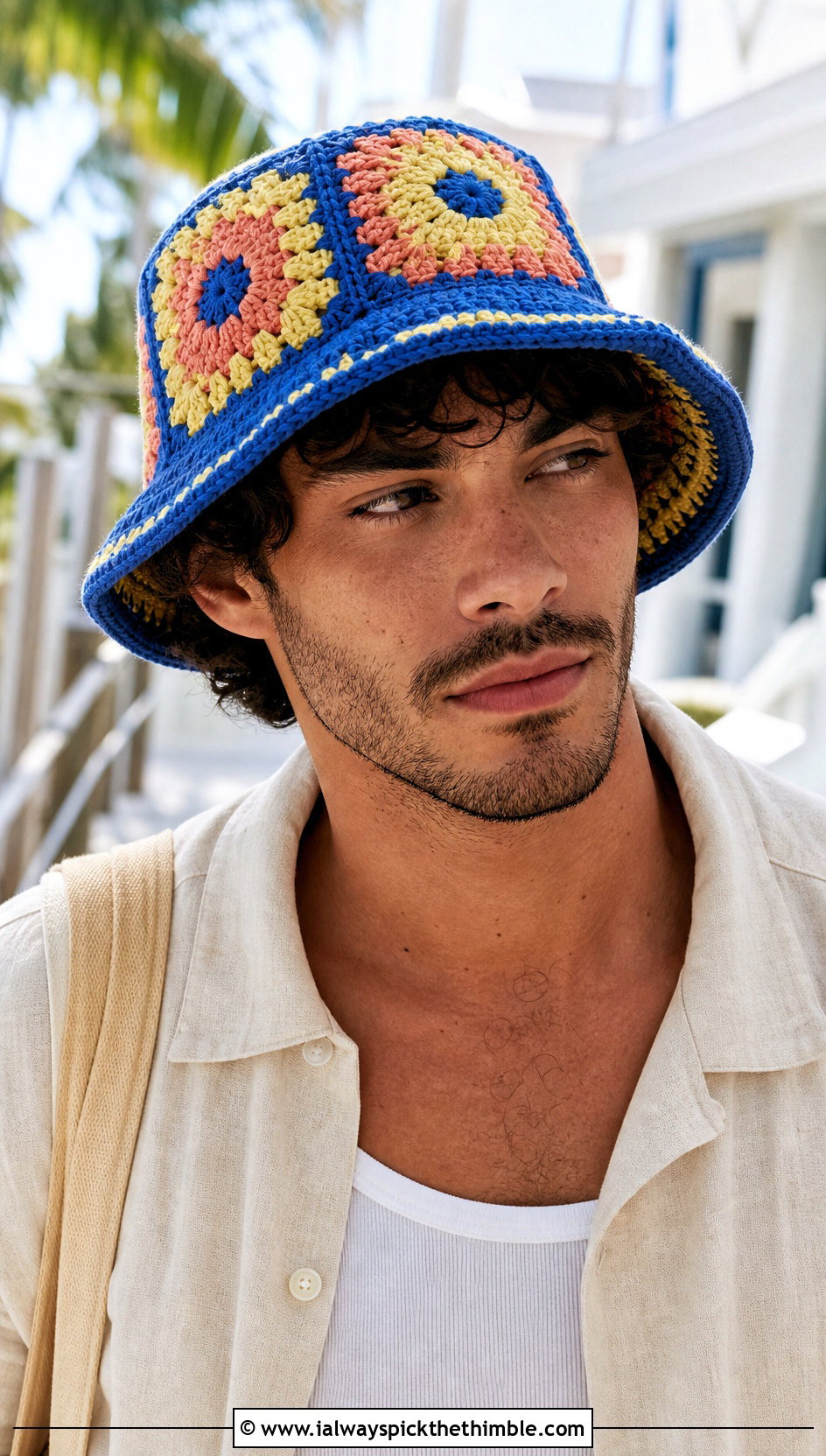 Granny Square Crochet Bucket Hat With Linen Outfit - 15 Crochet Men's Hats outfit ideas