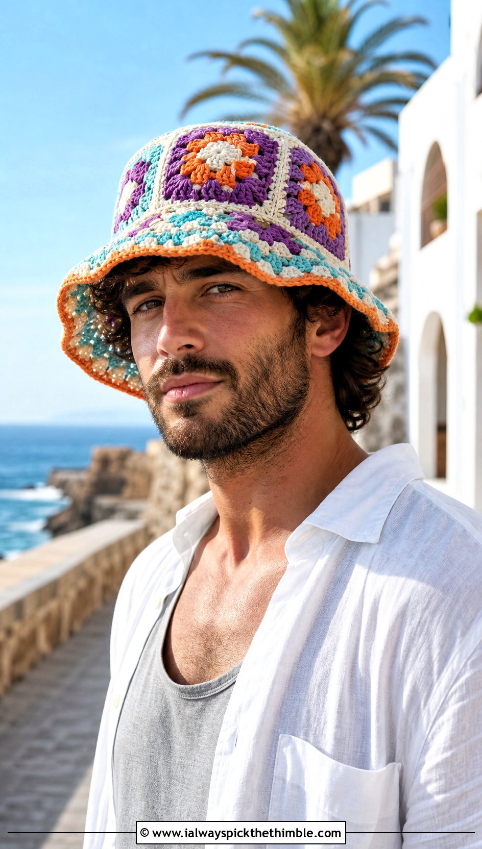 Granny Square Crochet Bucket Hat With Linen Shirt - 15 Easy Crochet Mens Hat outfit ideas