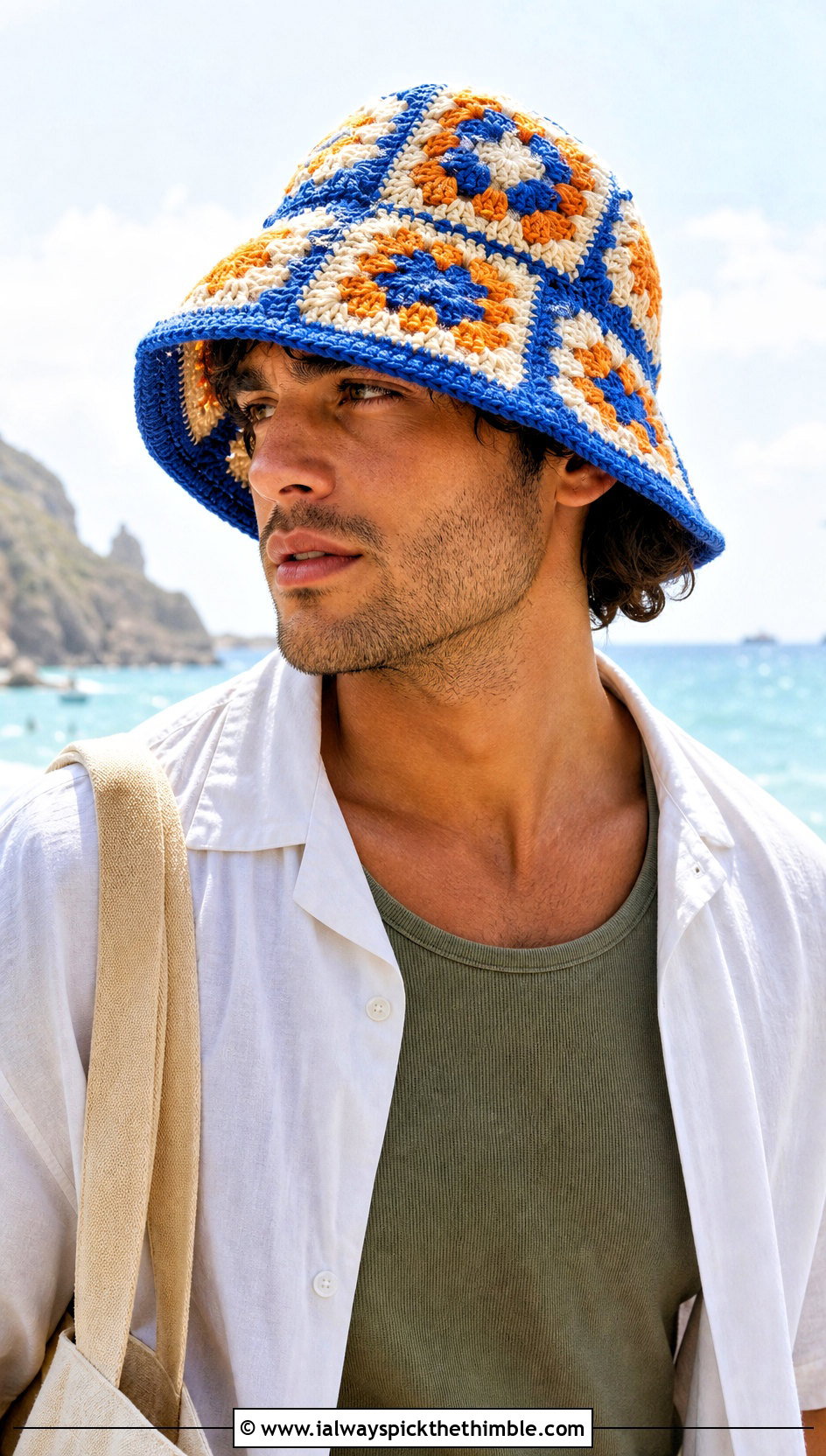 Granny Square Crochet Bucket Hat With Linen Shirt - 20 crocheted mens hats outfit ideas