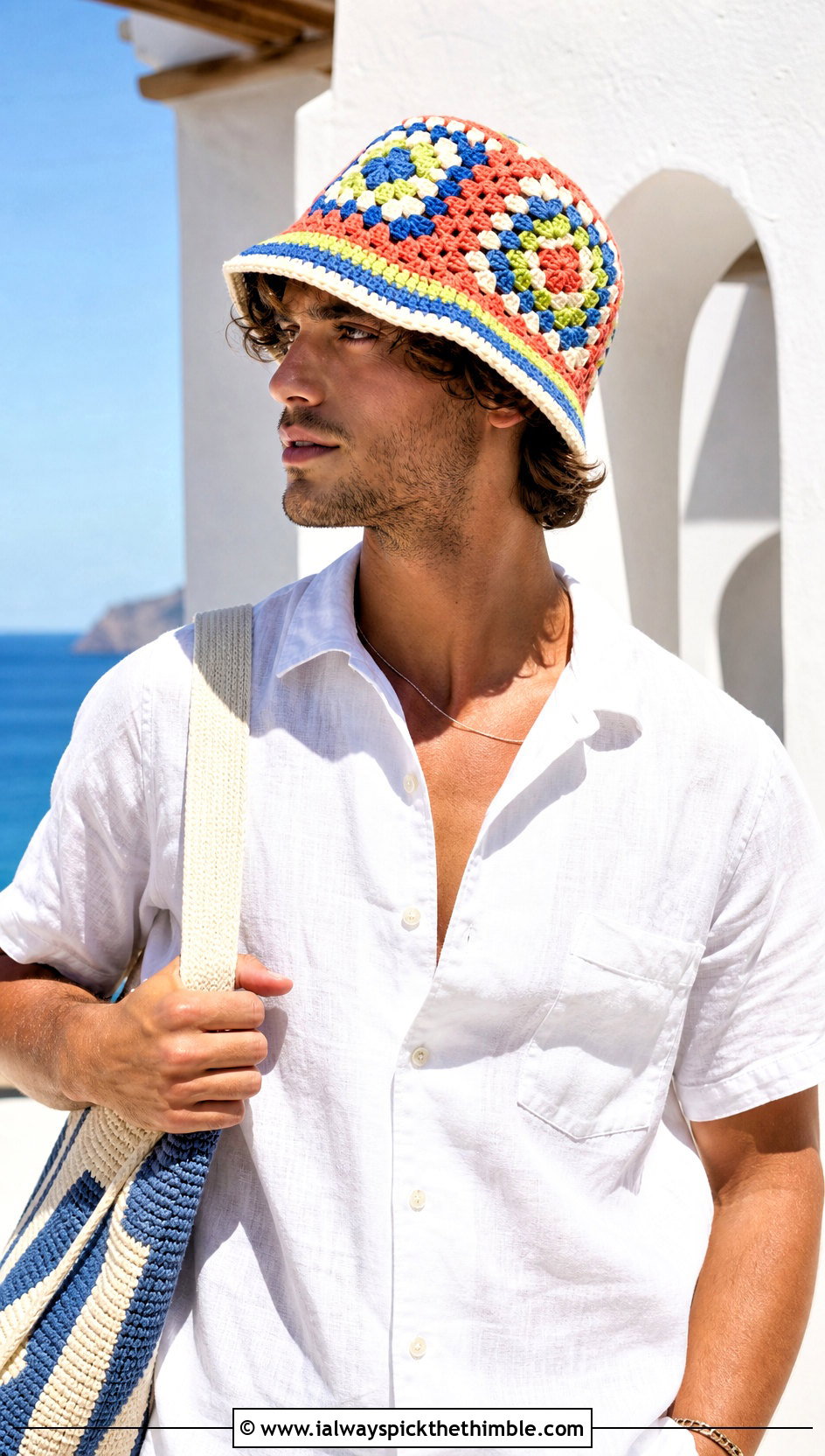 Granny Square Crochet Bucket Hat With Linen Shirt - 20 male crochet hat outfit ideas