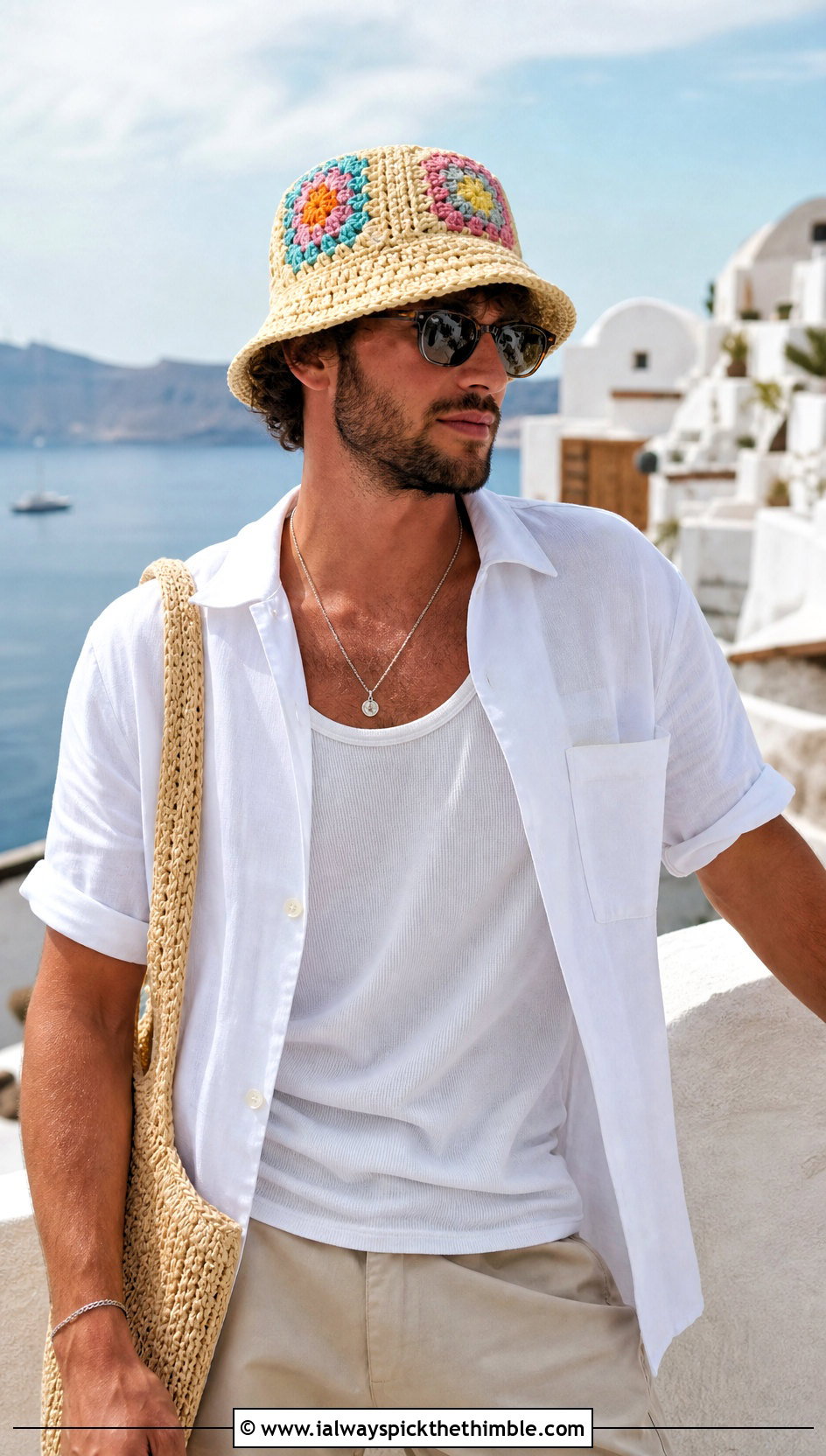 Granny Square Crochet Bucket Hat With Linen Shirt - 25 men's crochet hat outfit ideas
