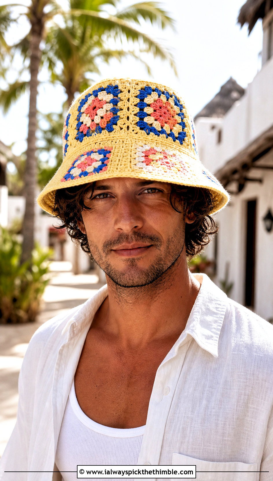 Granny Square Crochet Bucket Hat With Linen Shirt - 25 mens crochet hat outfit ideas