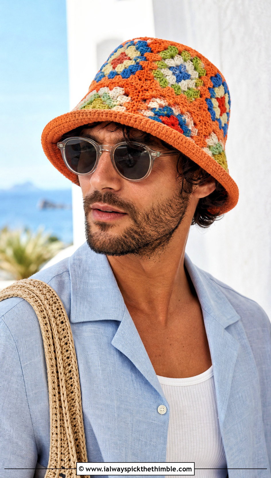 Granny Square Crochet Bucket Hat With Linen Shirt - 15 Crochet Mens Hats outfit ideas