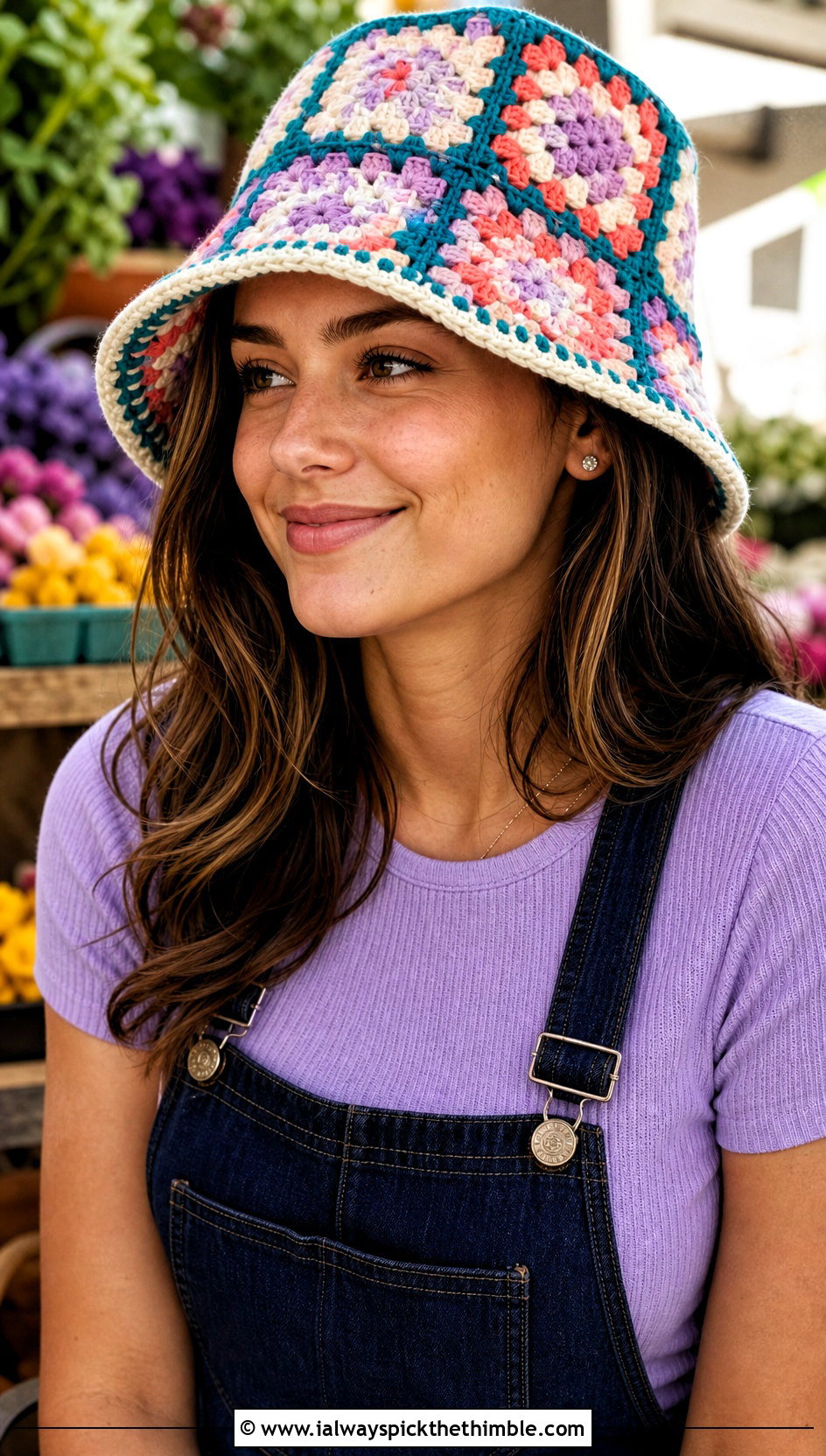 Granny Square Crochet Bucket Hat With Overalls - 20 Easy Crochet Womens Hat outfit ideas