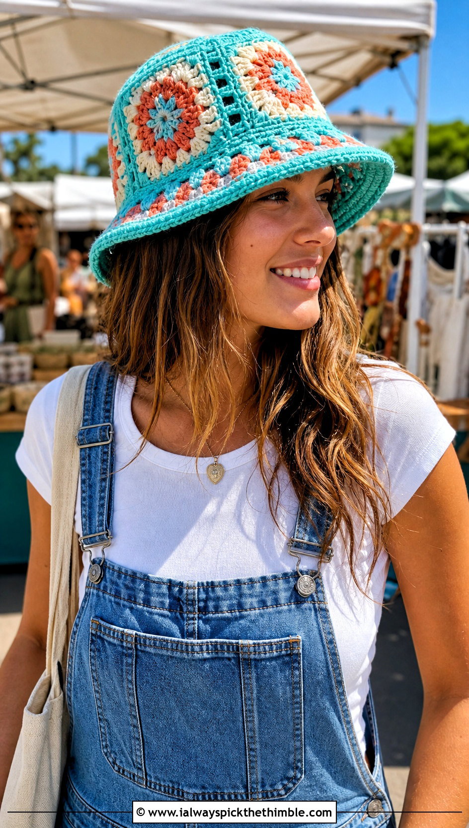 Granny Square Crochet Bucket Hat With Overalls - 25 crochet brim hat outfit ideas