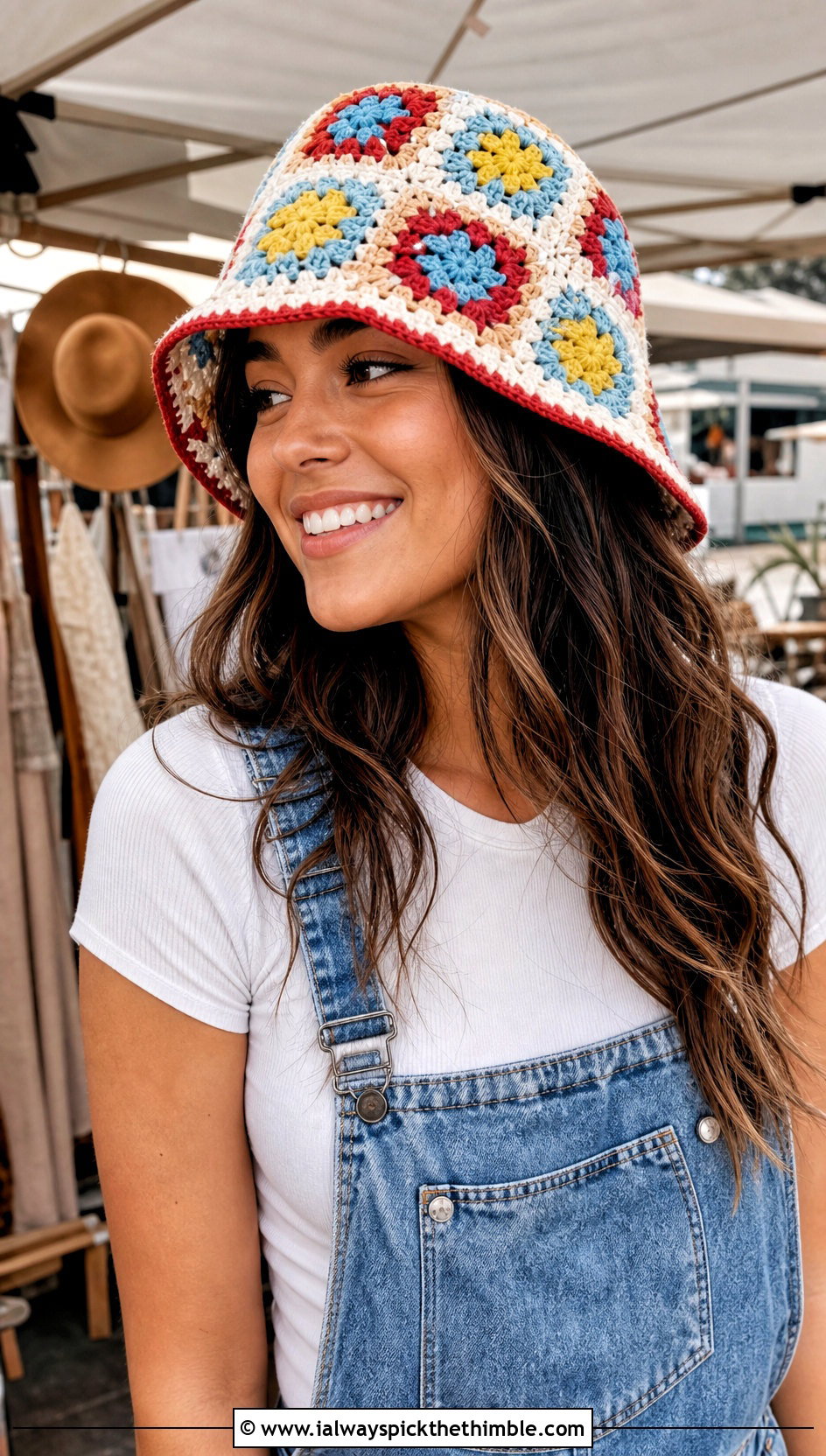Granny Square Crochet Bucket Hat With Overalls And T Shirt - 15 Ladies Crochet Hat outfit ideas
